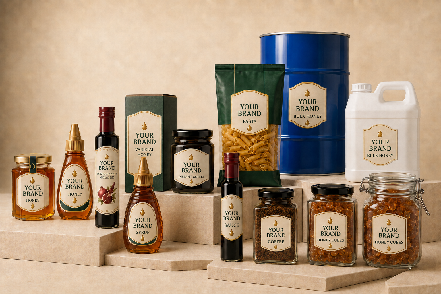 A premium Your Brand private-label portfolio across jars, bottles, pouches, cartons and bulk formats